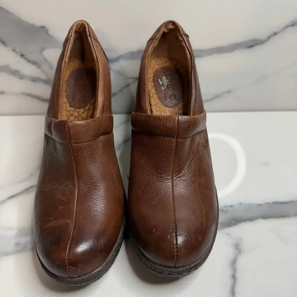 BOC Born Women's Brown Leather Wedge Clogs Sz 7.5 Slip On Comfort Boho Festival